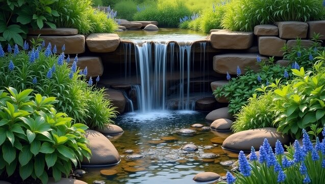  garden scene featuring a gentle waterfall cascading over smooth stone slabs into a clear stream, surrounded by lush green foliage and vibrant blue flowers