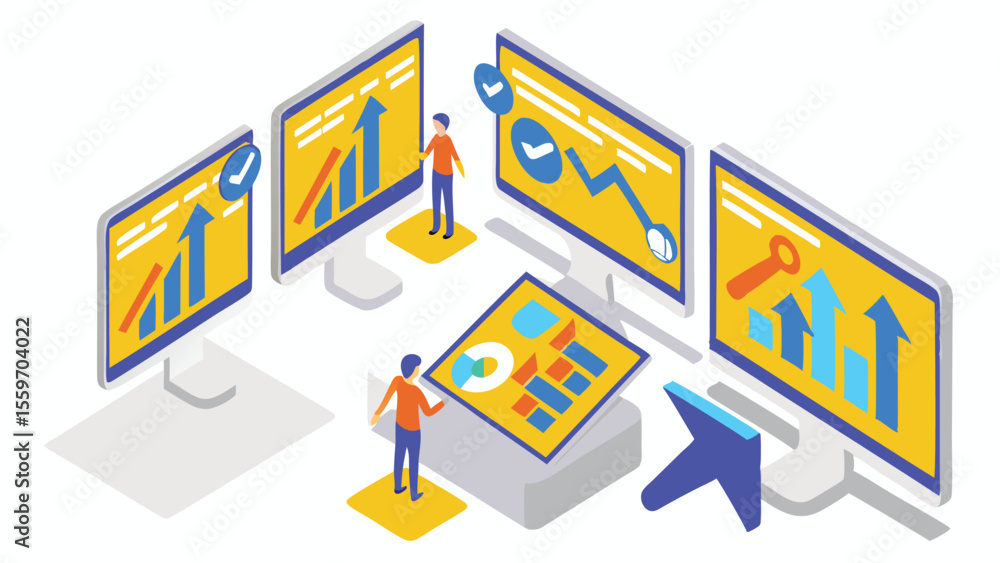 Aufkleber isometric view of business analytics on monitors and a tablet with people analyzing data