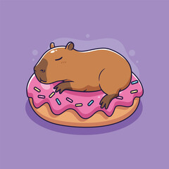 Cute Capybara Sleeping on a Donut. Vector illustration