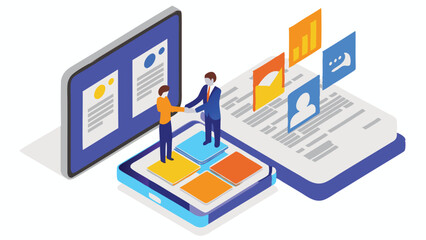 Isometric illustration of business people shaking hands on a digital platform interface view