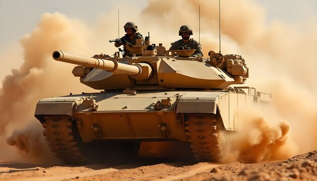 Abrams tank military vehicle in desert environment with soldiers and dust cloud action