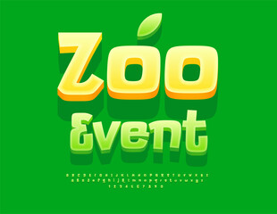 Vector Funky banner Zoo Event. Cute Green Font. Unique 3D Alphabet Letters and Numbers set.