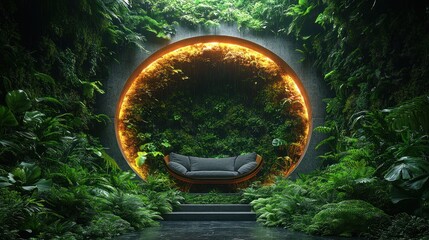 Lush, circular, concrete alcove with dark sofa