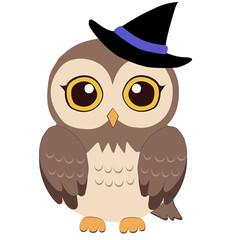 Adorable Halloween owl illustration in cartoon style, wearing a witch hat, ideal for spooky party invites, seasonal decorations, kids’ crafts, and digital prints.
