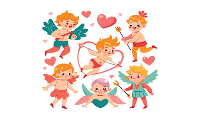 Cute cartoon cupids with hearts for valentines day