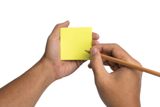 male hands holding and writing on sticky notes isolated on white background - Powered by Adobe