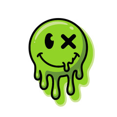 Dripping Green Slime Smiley Face Graffiti Art, Playful green slime smiley face with dripping effect and cartoon X eye, set against grunge border, ideal for urban and alternative designs.

