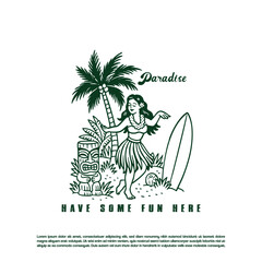 Vintage retro hand drawn Hawaiian dancing girl dancing in beach  © purify
