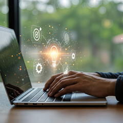  Person Using Holographic Digital Icons on Laptop