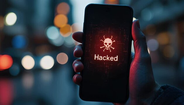 A smartphone displaying a hacked alert with a skull icon is held in hand, indicating a cyber security threat against a blurred city background at night.