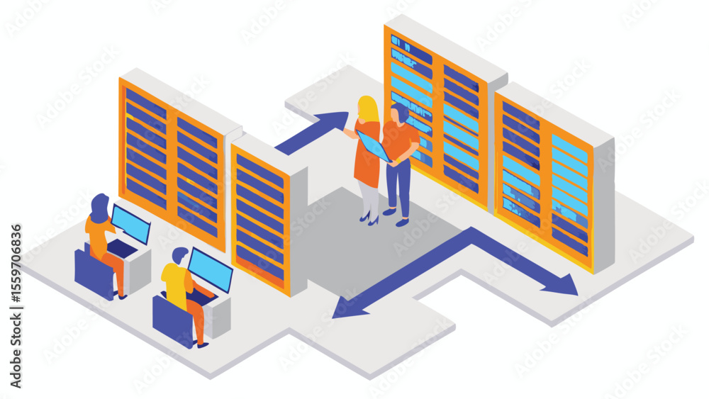 Poster Isometric view of a server room with people working and arrows indicating data flow and collaboration