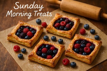 Sunday Morning Treats: Puff Pastry Squares with Berries and a Rolling Pin