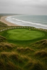 Scenic Coastal Golf Green with White Fence Overlooking Ocean on Overcast Day in Ireland