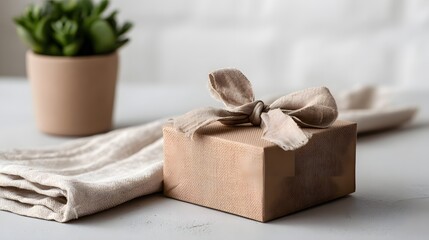 Simple kraft gift box with beige ribbon on white table