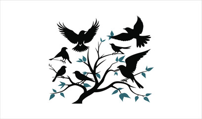 Silhouette birds on branch with teal leaves