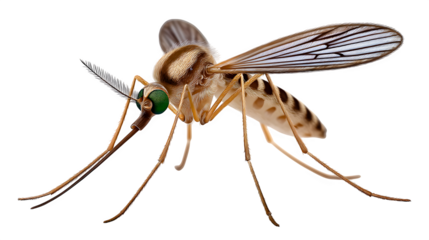 Mosquito about to land, detailed wings and proboscis visible, isolated on white background, extreme close-up realism