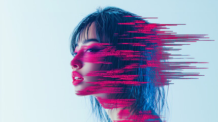Profile of a woman wrapped in glitch effects.