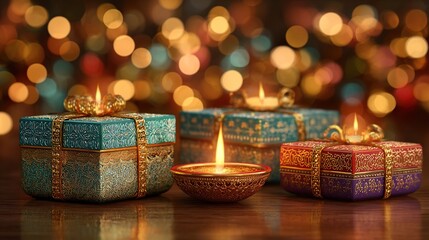 Colorful gift boxes with diya and golden bokeh background, diwali gift concpet. High quality