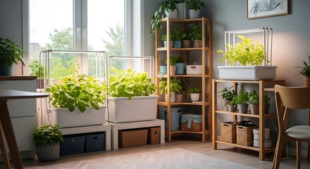Indoor gardening setup with lush green plants, shelves, and bright lighting.