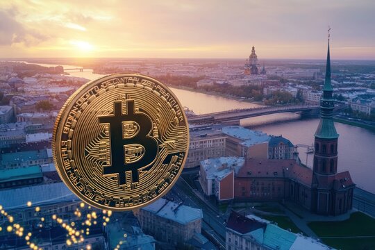 Latvia cryptocurrency economy, golden Bitcoin over Riga skyline, digital transaction data overlay