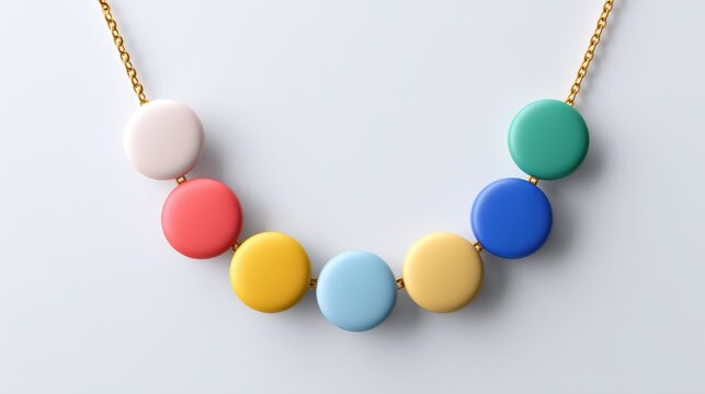 Vibrant Necklace: A close-up shot of a fashionable necklace features colorful, round pendants strung together, exuding charm and artistry, adding a pop of color to any outfit.