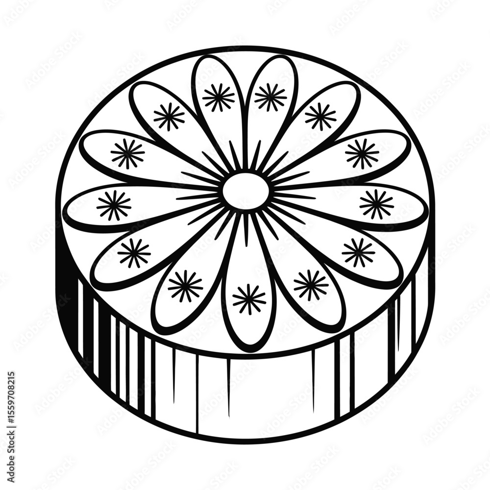 Poster monochrome round box with floral pattern and vertical lines