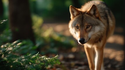 Fototapeta premium Intense Close-Up of Wolf with Sharp Gaze Walking Through Forest
