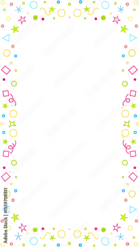Poster whimsical border of colorful confetti stars circles squares and swirls on a white background for cel