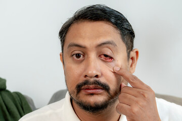 Close-up of young Asian man rubbing red eyes, showing irritation, strain, or allergy-related...
