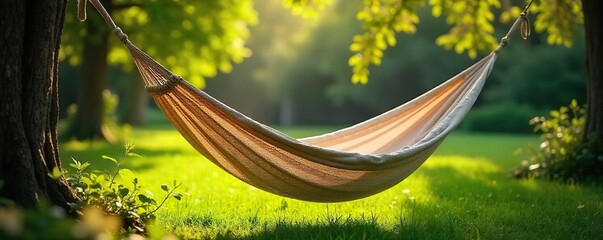 Tranquil Hammock Swaying in Lush Green Garden Bathed in Sunlight Peaceful Escape and Relaxation in Nature