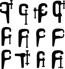 C-Clamp Silhouette Vector Icon Set. Essential Workshop, Woodworking, and Metalworking Tools. Versatile Clamping Equipment Outlines for DIY & Craft Projects.