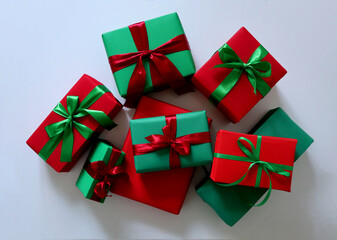 Set of gifts on white background. Traditional Christmas red and green colors. Boxes of different...