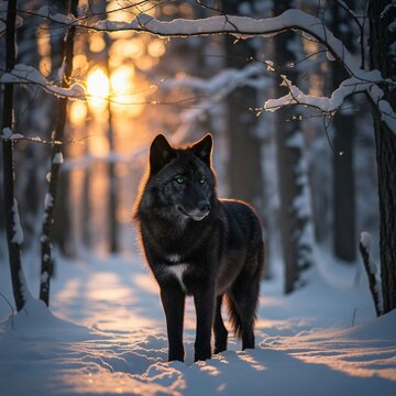 Black Wolf with Glowing Eyes Standing in Snowy Twilight Forest