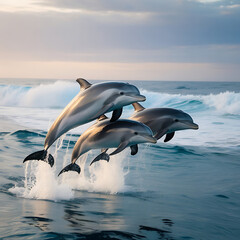 Fototapeta premium Two wild dolphins joyfully jump from the blue ocean water, their sleek fins splashing as they leap
