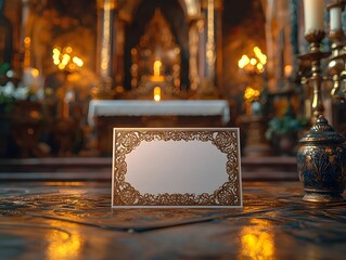 Ornate gift card on a softly lit altar