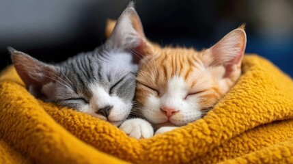 Two Sleeping Cats Embraced in a Yellow Blanket with Eyes Closed Indoor Close Up