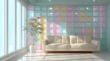 Colorful pastel glass block wall with modern white sofa and indoor plant
