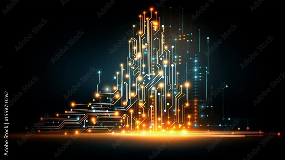 Fototapete Dynamic Display of Abstract Circuits and Glowing Data Patterns in a Dark Environment
