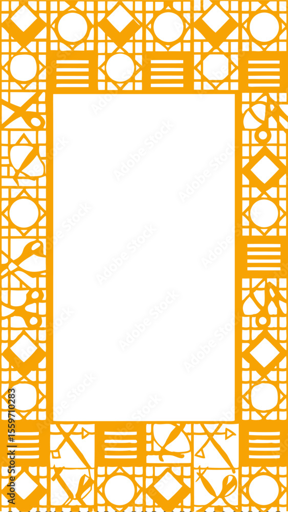 Poster intricate orange geometric border design featuring circles diamonds and horizontal lines creating a 