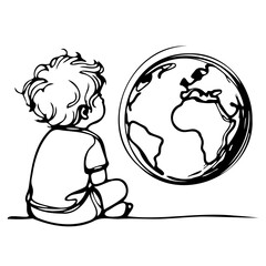 Child Gazing at the World Globe Line Art