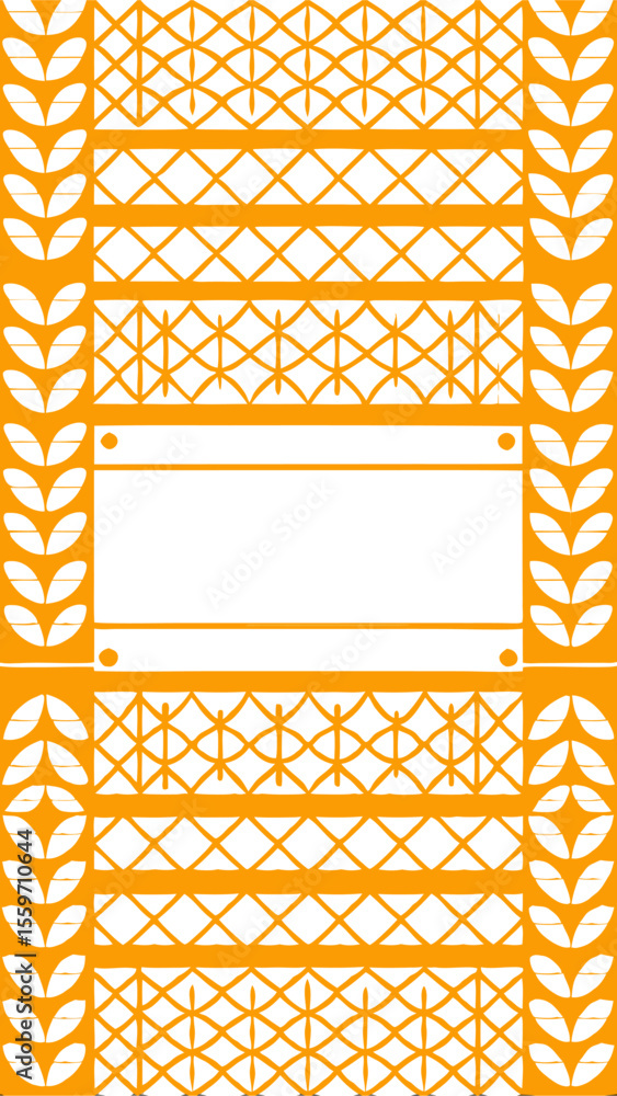 Poster abstract orange and white geometric pattern with leaf motifs and a central white rectangle for text