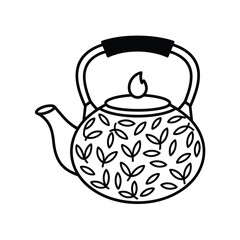 Teapot with Leaf Pattern Black and White Line Drawing