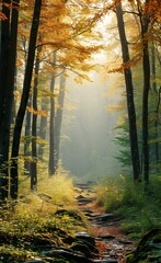 Sunlit forest path surrounded by tall trees with autumn foliage and a misty atmosphere