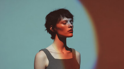 Androgynous Caucasian model in spotlight against colored wall. Vintage editorial lighting, minimalist styling