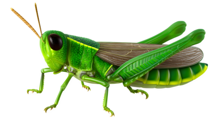 Realistic grasshopper mid-jump, legs extended, green body with detailed wings, isolated for PNG cutout, no background, no shadow