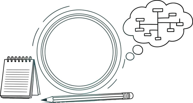a central circular frame with concentric lines, flanked by a notebook and pencil on the left, and a thought bubble containing a flowchart or mind map on the right, symbolizing planning