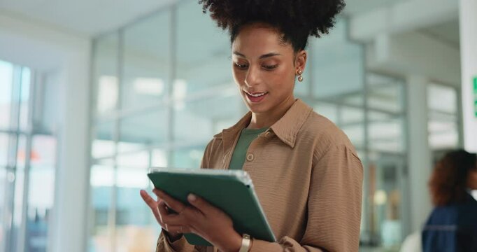 Thinking, teacher and woman with tablet for school, administration and confident for curriculum and education. Planning, educator and happy person for scholarship, knowledge and academy schedule