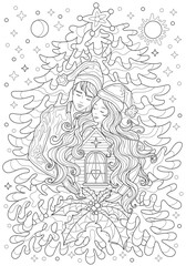 Hand drawn coloring page with loving family couple holding miniature house. Line art creative vector illustration. Happy New Year and Merry Christmas card concept