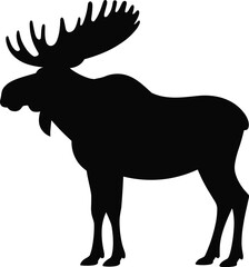 Silhouette of majestic wild moose, big antlers standing animal, forest wildlife vector, nature symbol illustration for wilderness design, outdoor art