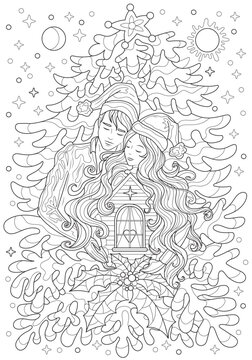 Hand drawn coloring page with loving family couple holding miniature house. Line art creative vector illustration. Happy New Year and Merry Christmas card concept